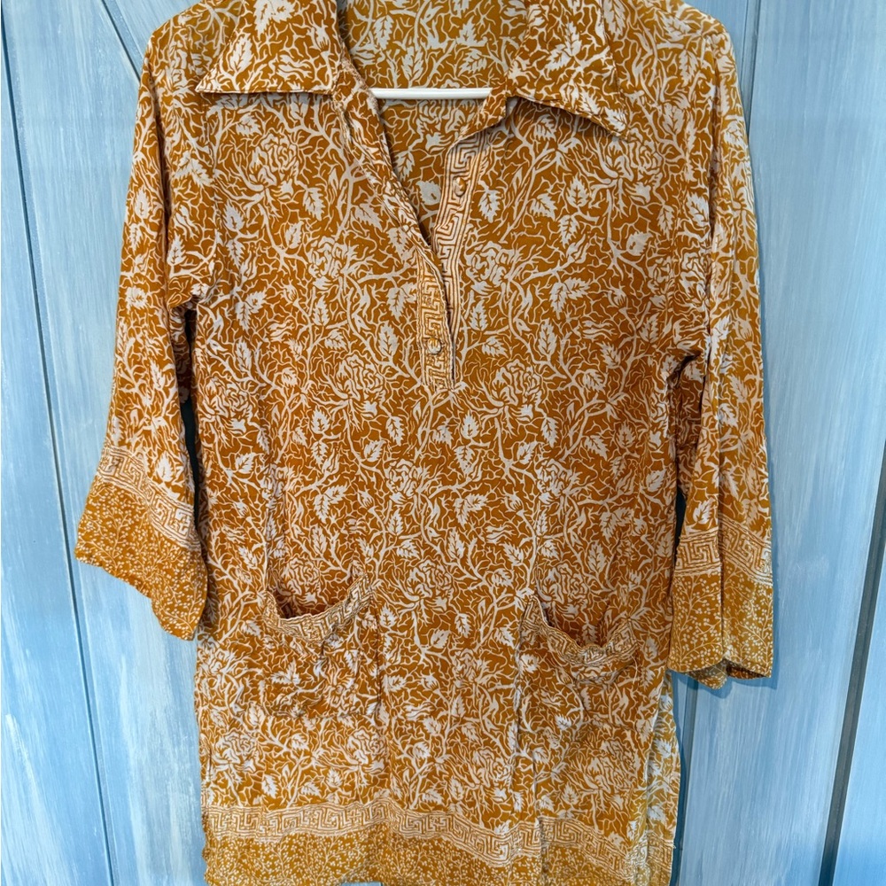 Floral Indonesian Style Yellow and Cream Patterned Tunic with Pockets